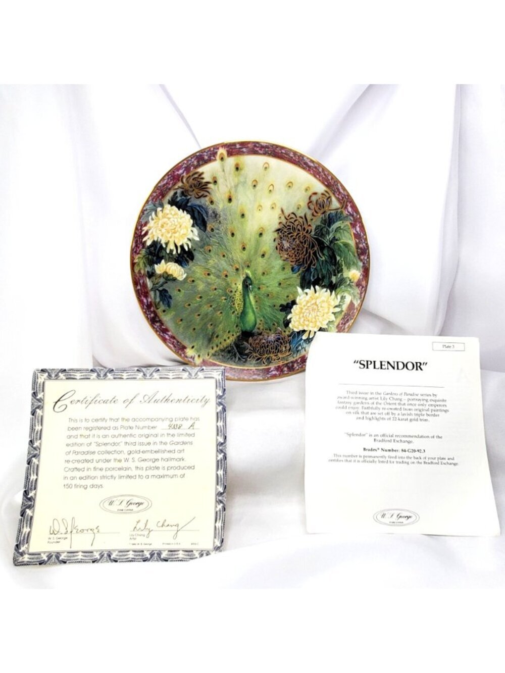 Splendor Peacock Plate By Lily Chang Gardens Of Paradise Chrysanthemum 1992 COA - Picture 2 of 12